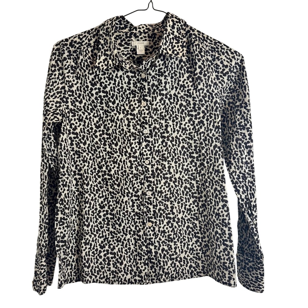 J.Crew Womens Black Ivory Animal Leopard Print 100% Cotton Button Down Shirt 4